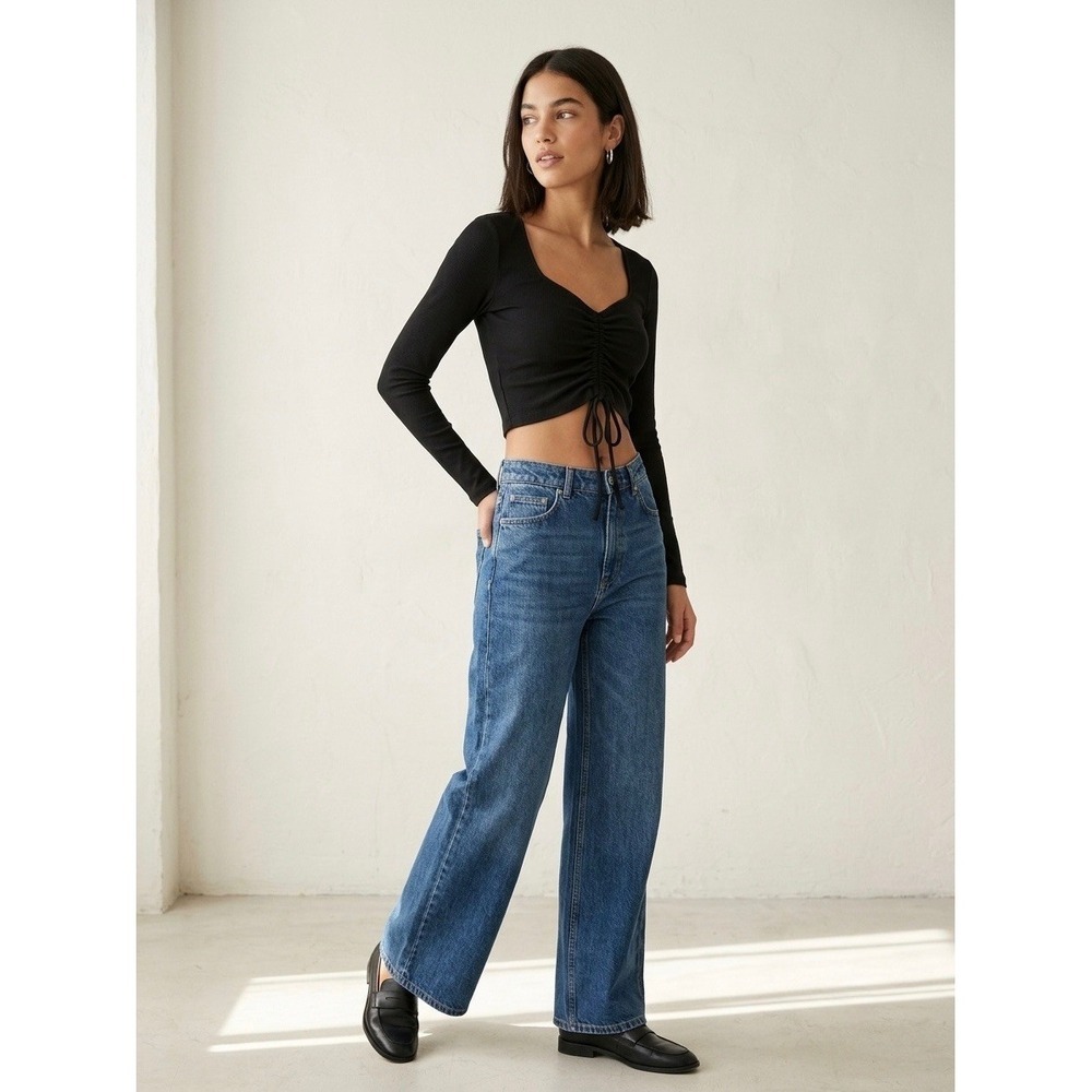Zara Black Ribbed Long Sleeve Cinched Front Crop Top Sweetheart Neck Size L
